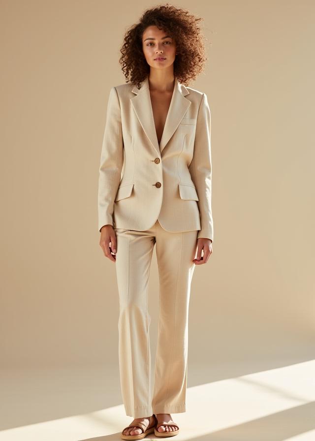 Tailleur-pantalon beige en lin pour femme.